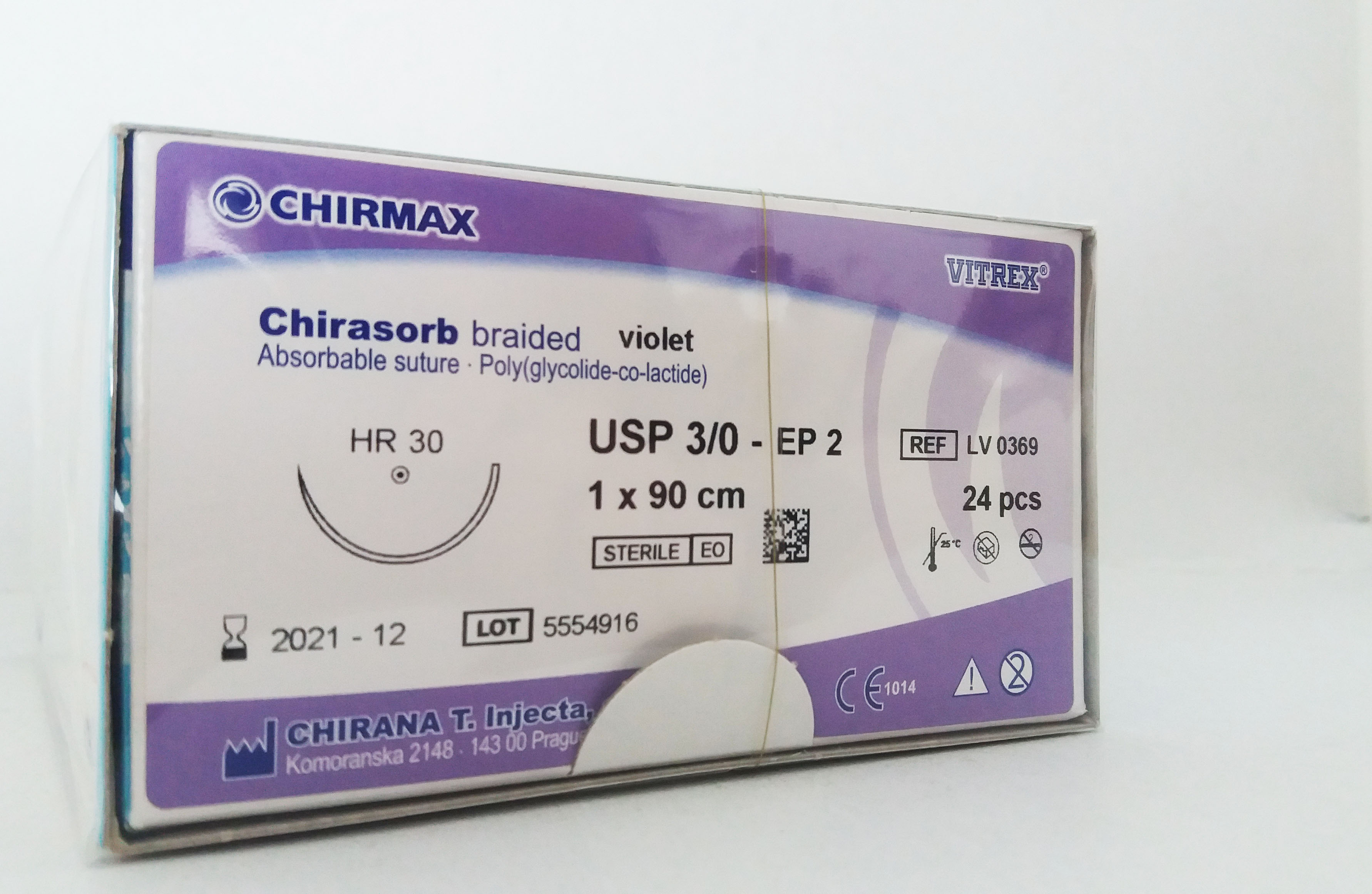Suture Chirasorb Vitrex USP 3/0, needle 30 mm round, 1/2 circle, 90 cm
