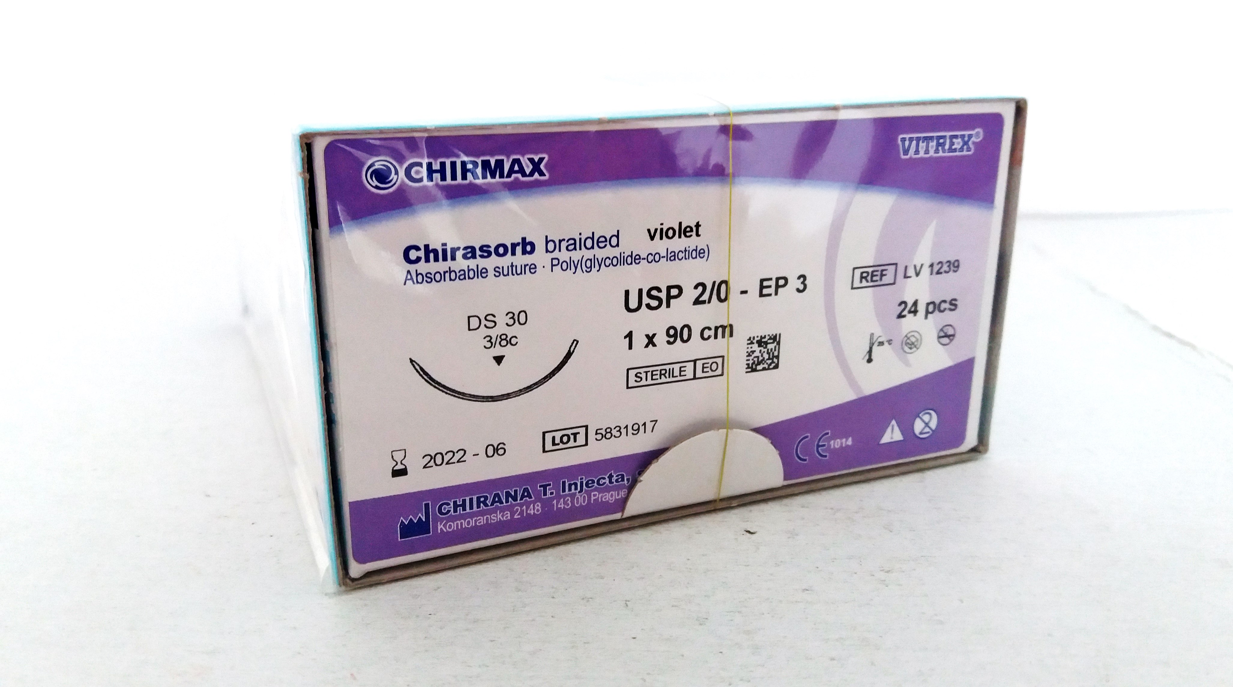 Suture Chirasorb Vitrex USP 0, needle 30 mm reverse cutting, 3/8 circle, 90 cm