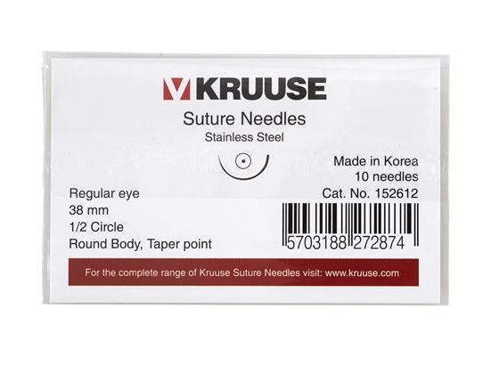 KRUUSE suture needles, regular eye, round body taper point, 1/2 cirlce, 38 mm